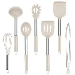 Produktbild: Homikit Küchenhelfer Set, 7-teiliges Silikon Küchenutensilien Kochbesteck Set mit Edelstahlgriff, Hitzebeständiger Kochgeschirr, Antihaft Silikon, Leicht zu Reinigen & Spülmaschinenfest,Khaki