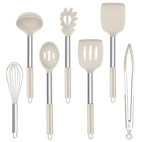 Produktbild: Homikit Küchenhelfer Set, 7-teiliges Silikon Küchenutensilien Kochbesteck Set mit Edelstahlgriff, Hitzebeständiger Kochgeschirr, Antihaft Silikon, Leicht zu Reinigen & Spülmaschinenfest,Khaki