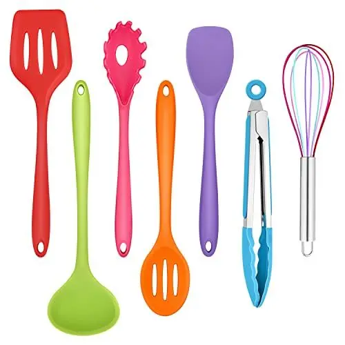 Produktbild: Homikit Küchenhelfer Set, 7-Teiliges Silikon Küchenutensilien Kochutensilien Set, Hitzebeständiger Antihaft Kochbesteck Kochgeschirr Set, Gesund/Spülmaschinenfest, Bunt