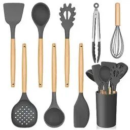 Produktbild: Homikit Küchenhelfer Set, 9-teiliges Silikon Küchenutensilien Kochbesteck Set mit Verbrühschutz Holzgriff, Antihaft Kochutensilien mit Utensilienhalter, Hitzebeständiger, Leicht zu Reinigen, Grau