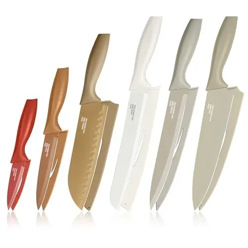 Produktbild: Homikit Küchenmesser Set 6-teilig, Edelstahl Messer Set mit Schutzhülle, 6 Scharfes Messerset Kochmesser Fleischmesser Allzweckmesser für Schneiden Zerhacken, Antihaftbeschichtet & Rostfrei, Bunt