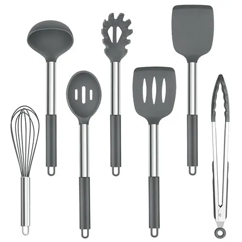 Produktbild: Homikit Küchenutensilien, 7 Stück Silikon Küchenhelfer Kochutensilien Set mit Edelstahlgriff, Antihaft Hitzebeständiger Kochbesteck zum Kochen, Lebensmittelqualität, Spülmaschinenfest, Grau