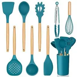 Produktbild: Homikit Küchenutensilien Set, 9-teiliges Küchenhelfer Kochutensilien mit Holzgriff, Antihaft Silikon Kochbesteck mit Utensilienhalter, Hitzebeständiger Pfannenwender, Leicht zu Reinigen, Blau
