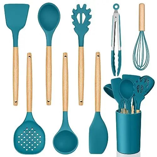 Produktbild: Homikit Küchenutensilien Set, 9-teiliges Küchenhelfer Kochutensilien mit Holzgriff, Antihaft Silikon Kochbesteck mit Utensilienhalter, Hitzebeständiger Pfannenwender, Leicht zu Reinigen, Blau