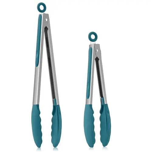 Produktbild: Homikit Küchenzange 2er Set, Kochzange Grillzange aus Edelstahl mit Hitzebeständige Silikongriff, Antihaft Silikonspitze, 30,3 & 23,7cm Fleischzange mit Verriegelung zum Kochen Grillen Servieren, Blau