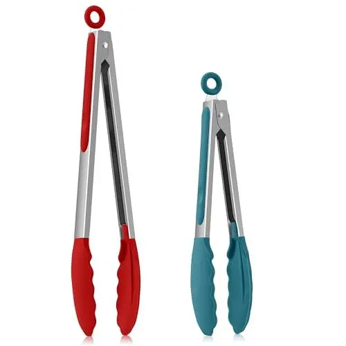 Produktbild: Homikit Küchenzange, Edelstahl Kochzange Grillzange 2er Set mit Hitzebeständige Silikongriff, Fleischzange mit Verriegelung zum Kochen Grillen Servieren, Antihaft Silikonspitze, 30,3cm Rot/23,7cm Blau