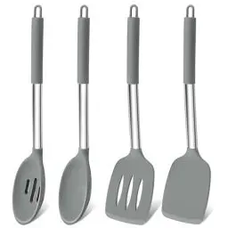 Produktbild: Homikit Pfannenwender Kochlöffel, 4 Stück Silikon Küchenhelfer Küchenutensilien Set mit Edelstahlgriff, Hitzebeständig Kochbesteck Set, Gesund & Spülmaschinenfest - Grau