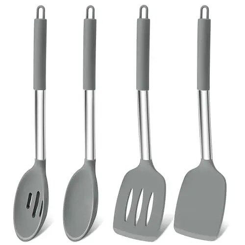 Produktbild: Homikit Pfannenwender Kochlöffel, 4 Stück Silikon Küchenhelfer Küchenutensilien Set mit Edelstahlgriff, Hitzebeständig Kochbesteck Set, Gesund & Spülmaschinenfest - Grau
