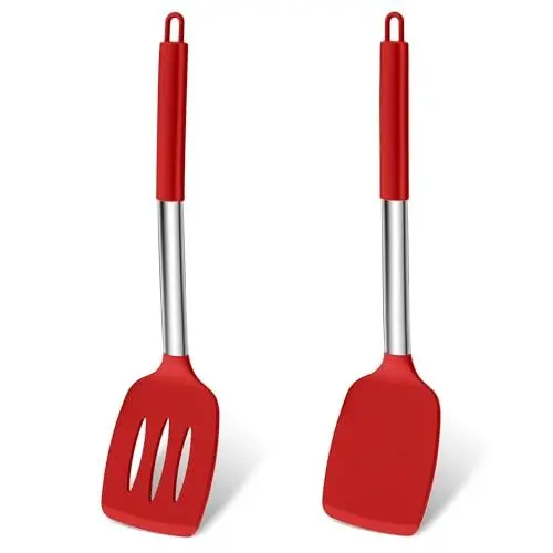 Produktbild: Homikit Pfannenwender Set, Silikon Spachtel Küchenhelfer mit Griff aus Edelstahl, Hitzebeständig Geschlitzt Pfannenwender Küchenutensilien Kochgeschirr zum Kochen Backen Wenden, Spülmaschinenfest, Rot