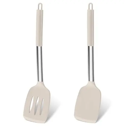 Produktbild: Homikit Pfannenwender, Silikon Küchenhelfer mit Edelstahlgriff, Khaki Küchenutensilien 2er Set, Hitzebeständig Kochen Geschlitzt Pfannenwender Spatel