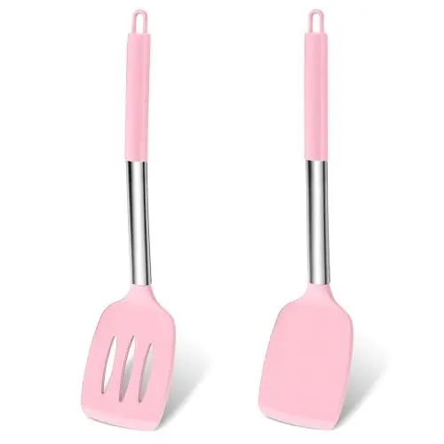 Produktbild: Homikit Pfannenwender, Silikon Küchenhelfer mit Edelstahlgriff, Küchenutensilien 2er Set, Hitzebeständig Kochen Geschlitzt Pfannenwender Spatel, Rosa