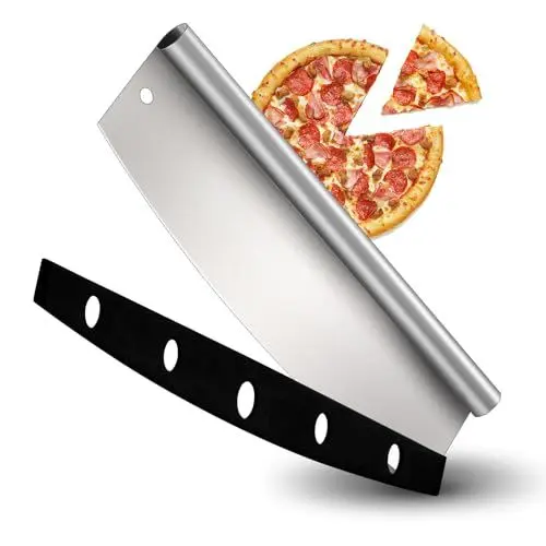 Produktbild: Homikit Pizzaschneider, Edelstahl Wiegemesse mit 35cm Klinge für Pizza, Groß Scharf Pizzamesser Pizza Cutter mit Klingenschutz, Rollrandgriff, Schnelles & gleichmäßiges Schneiden, Spülmaschinenfest