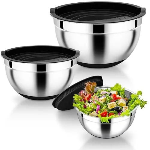 Produktbild: Homikit Rührschüssel, 3-teilig Edelstahl Schüssel mit Deckel & Silikonboden, Schwarz Salatschüssel für Mischen Verrühren Servieren, 1L / 2,5L / 4,5L