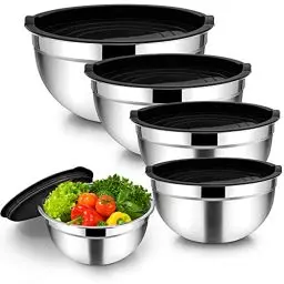 Produktbild: Homikit Rührschüssel, 5 Stück Schwarz Edelstahl Schüssel Salatschüssel Set mit Deckel für Küche, Stapelbar, Vielseitigkeit, Spülmaschinenfest, 4.5 L / 2.7 L / 1.5 L / 1.2 L / 0.7 L