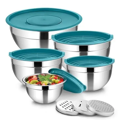 Produktbild: Homikit Rührschüssel 5er Set, Edelstahl Schüssel Schüsselset mit Luftdichtem Deckel, Salatschüssel mit 3 Reibenaufsätzen für Küche, Stapelbar, Spülmaschinenfest, 4,6L/2,8L/1,6L/1,2L/0,7L, Blau