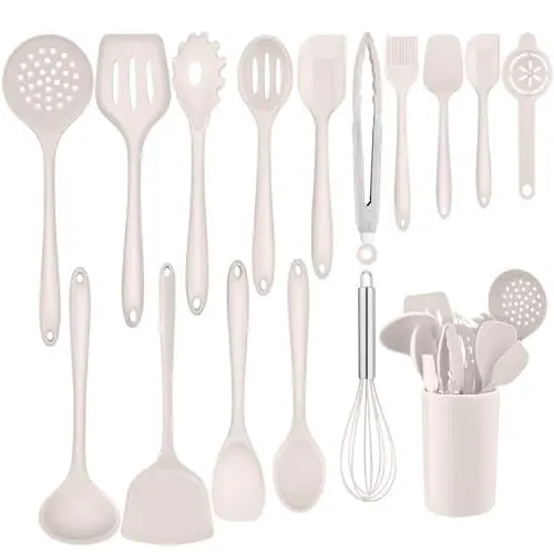 Produktbild: Homikit Silikon Küchenhelfer, 16-teilig Khaki Küchenutensilien mit Utensilienhalter, Hitzebeständiger Kochbesteck Kochutensilien Set, Küchen Kochgeschirr, Spülmaschinengeeignet