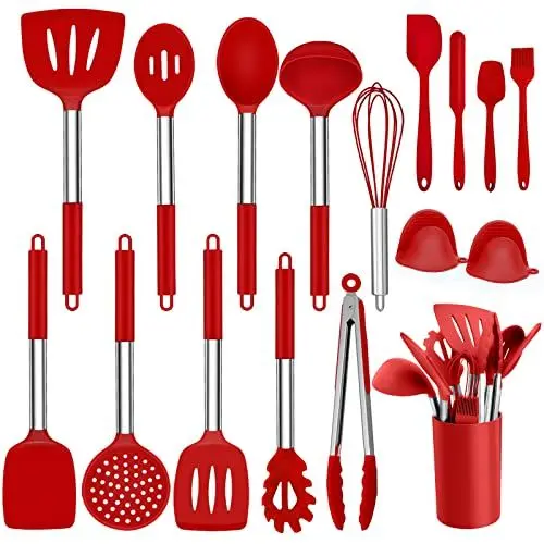 Produktbild: Homikit Silikon Küchenhelfer, 17-teiliges Kochutensilien kochbesteck Set mit Edelstahlgriff, Antihaft Hitzebeständiger Küchengeräte Set, Gesund & Langlebig, Spülmaschinengeeignet, Rot
