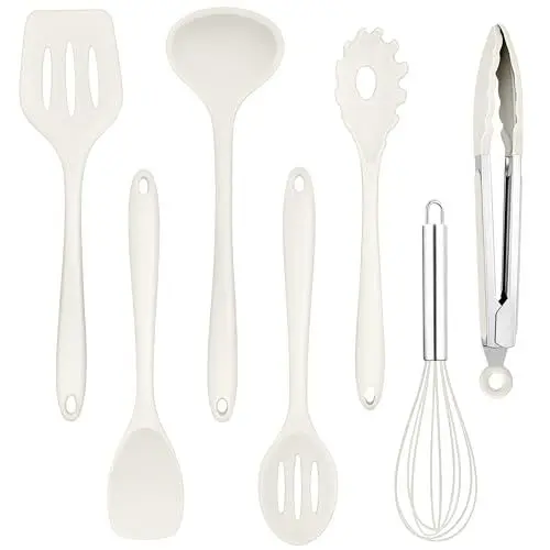 Produktbild: Homikit Silikon Küchenhelfer, 7 Stück Kochutensilien Kochbesteck Set, Antihaft Hitzebeständiger Kochgeschirr zum Kochen/Backen, Gesund & Spülmaschinenfest, Weiß