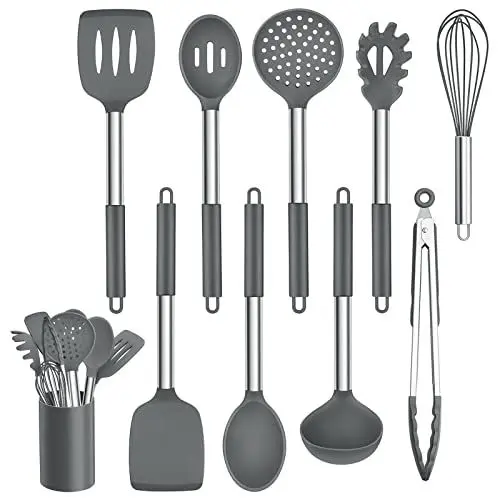 Produktbild: Homikit Silikon Küchenhelfer Set, 10-teiliges Küchenutensilien Kochutensilien Set mit Edelstahlgriff, Antihaft Hitzebeständiger Kochgeschirr Set, Spülmaschinenfest, Grau