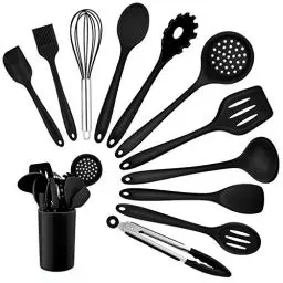 Produktbild: Homikit Silikon Küchenhelfer Set, 12 Stück Schwarz Kochutensilien Kochgeschirr, Hitzebeständiger Kochbesteck Set mit Utensilienhalter, Gesund & Antihaft, Spülmaschinengeeignet