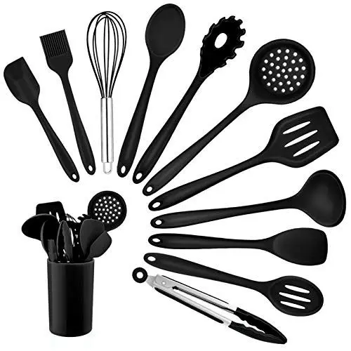 Produktbild: Homikit Silikon Küchenhelfer Set, 12 Stück Schwarz Kochutensilien Kochgeschirr, Hitzebeständiger Kochbesteck Set mit Utensilienhalter, Gesund & Antihaft, Spülmaschinengeeignet