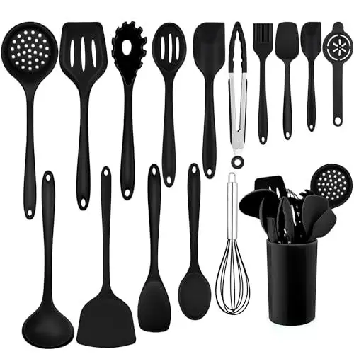 Produktbild: Homikit Silikon Küchenhelfer Set, 16 Stück Schwarz Küchenutensilien Kochbesteck, Hitzebeständiger Kochutensilien Set mit Utensilienhalter, Gesund & Antihaft, Spülmaschinengeeignet