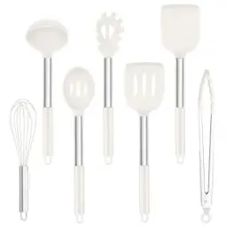 Produktbild: Homikit Silikon Küchenhelfer Set, 7-Teiliges Antihaft Kochutensilien Kochbesteck mit Edelstahlgriff, Hitzebeständiger Küchenutensilien zum Kochen, Leicht zu Reinigen & Spülmaschinenfest, Weiß
