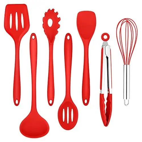 Produktbild: Homikit Silikon Küchenhelfer Set, 7 Stück Antihaft Küchenutensilien Kochbesteck Set, Hitzebeständiger Kochutensilien Küchenzubehör zum Kochen, Backen, Gesund/Spülmaschinenfest, Rot