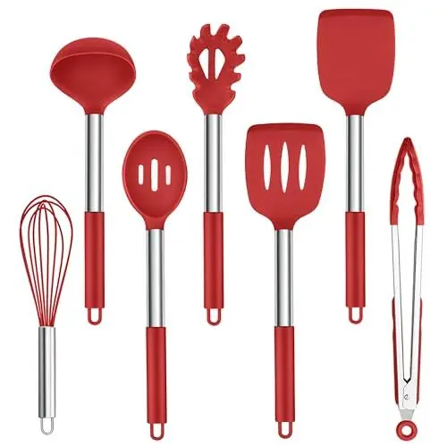 Produktbild: Homikit Silikon Küchenhelfer Set, 7-teiliges Küchenutensilien Kochgeschirr Set mit Edelstahlgriff, Antihaft Hitzebeständiger Kochutensilien, Giftfrei, Leicht zu Reinigen & Spülmaschinenfest, Rot