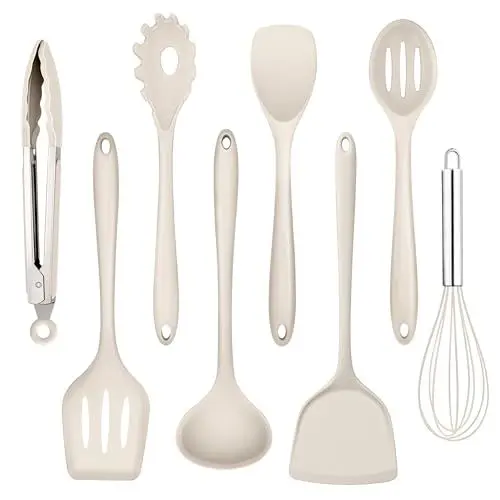 Produktbild: Homikit Silikon Küchenhelfer Set, 8-Teiliges Kochutensilien Kochbesteck Set, Hitzebeständiger Antihaft Küchenutensilien Kochset mit Pfannenwender zum Kochen Backen, Gesund & Spülmaschinenfest, Khaki