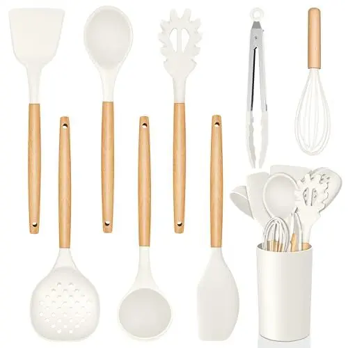 Produktbild: Homikit Silikon Küchenhelfer Set, 9-teiliges Silikon Küchenutensilien mit Holzgriff, Hitzebeständiger Kochutensilien Kochbesteck mit Utensilienhalter, Weiß
