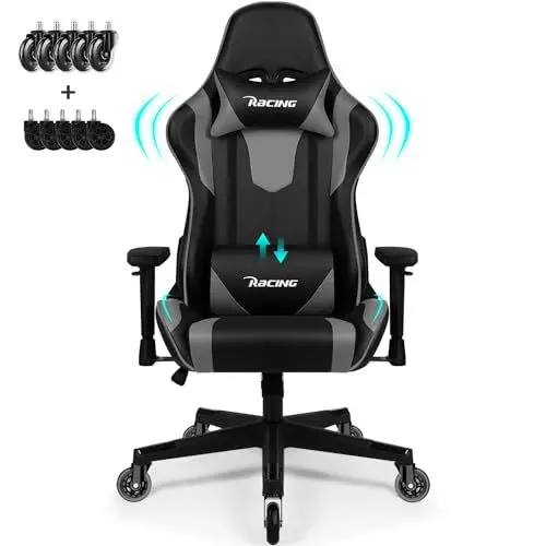 Produktbild: Homimaster Gaming Stuhl, Bürostuhl Ergonomisch mit verstellbare Lendenkissen, Kopfkissen und Armlehnen,Gaming Chair Gepolstert,Gamer Stuhl Wippfunktion,Gaming Stuhl 150 kg Belastbarkeit