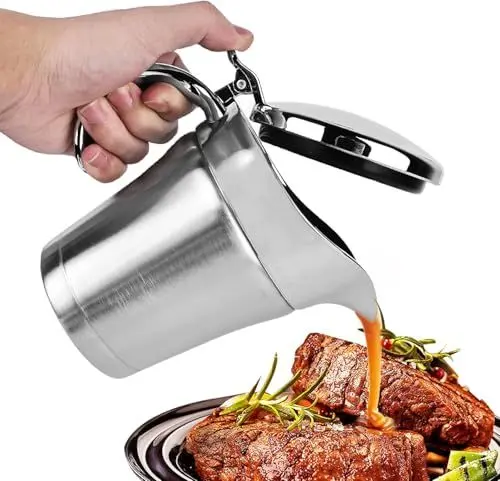 Produktbild: Hominas Edelstahl Thermo Sauciere, 450 ml Soßenkanne Saucenbecher Eleganter Silberner Saucenkrug mit Deckel für Abendessen Partys