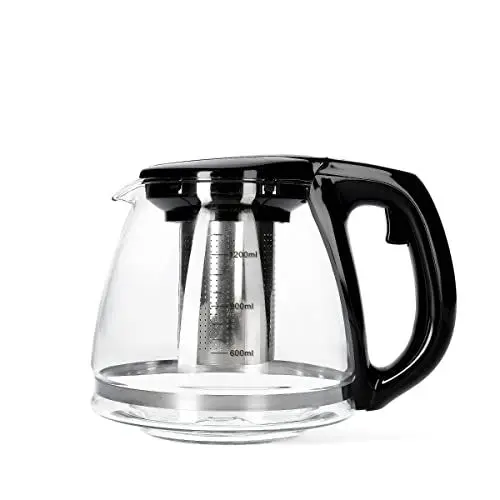 Produktbild: HOMLA Melzo Tee- und Kaffeekanne mit Brüher Sieb - Für heiße Flüssigkeiten, Kräuterbrühe - Minimalistisches Design Glas Kunststoff Edelstahl 1,4 l