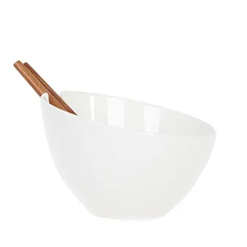 Produktbild: HOMLA Mooka Keramik Salatschüssel mit Zubehör - Schale Serviergeschirr Geschirr Tischdekoration Nachspeiseteller Dessertplatte - Glänzender Farbton Weiß 24 cm
