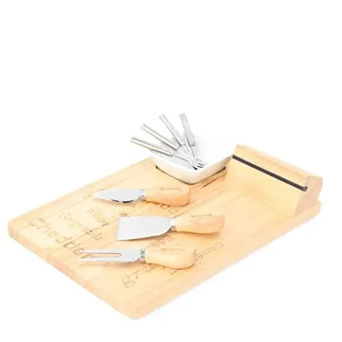 Produktbild: HOMLA Rubby Käseplatte 9-teilig aus Kautschukbaum Holz - Servierbrett Holz Käsebrett - mit Schale Schneide Set & 4 Gabeln - 23 x 30 cm Naturfarben