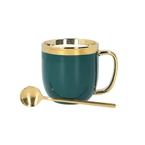 Produktbild: HOMLA Sinnes Tasse + Löffel mit Goldener Verzierung - Becher Teetasse Kaffeebecher 0,28 l Porzellan Vergoldet Handbemalt Smaragd & Gold