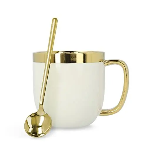 Produktbild: HOMLA Sinnes Tasse + Löffel mit Goldener Verzierung - Becher Teetasse Kaffeebecher 0,28 l Porzellan Vergoldet Handbemalt Weiß & Gold
