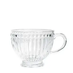 Produktbild: HOMLA Tasse Barrel Gestreiftes Glas mit Fuß - Tassen für Tee, Kaffee - Interessante Form und Dezente Dekorelemente - Ergonomischer Griff - Hergestellt aus Dickem Glas - 360 ml