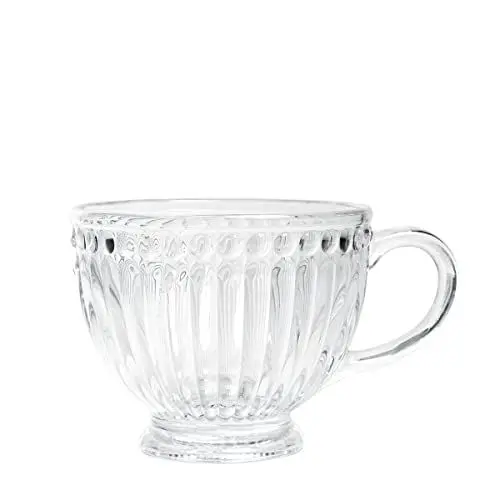 Produktbild: HOMLA Tasse Barrel Gestreiftes Glas mit Fuß - Tassen für Tee, Kaffee - Interessante Form und Dezente Dekorelemente - Ergonomischer Griff - Hergestellt aus Dickem Glas - 360 ml