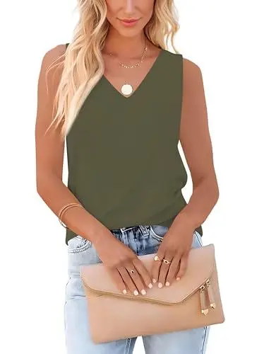 Produktbild: Homlan Damen Tank Top Sommer Ärmellose V-Ausschnitt Blusentop Loose Fit Shirts Basic Cami Elegant Blusen Casual Oberteile (Small, Armeegrün)