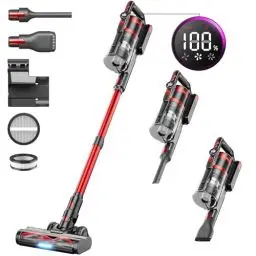 Produktbild: HOMPANY 40000Pa/500W Akku Staubsauger, Staubsauger Kabellos, Bis zu 60 Min Laufzeit, Staubsauger mit LED-Anzeige, 7-stufige Zyklon-Filterung, 1,5L Stielstaubsauger für Hartböden/Teppiche/Tierhaare