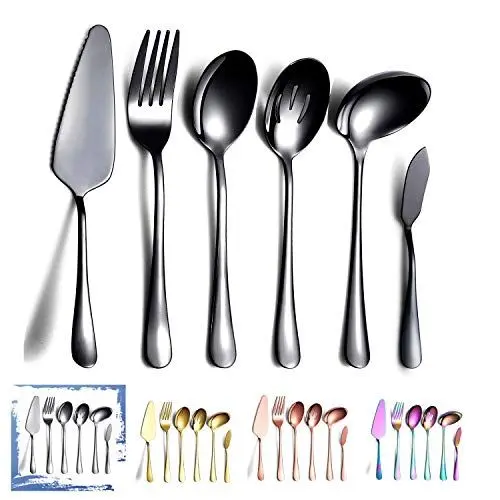 Produktbild: HOMQUEN 6-Teilig schwarz Besteck Set, Rostfreier Stahl Servierbesteck, Tortenheber, Geschlitzter Servierlöffel, Servierlöffel, Aufschnittgabel, Buttermesser, Suppenkelle