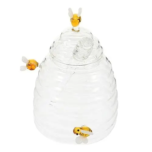 Produktbild: HOMSFOU 1 Satz Honigglas Aus Glas Bienenstockhonigglas Mit Taucher Honigspender Aus Glas Honigbehälter Honigglas Mit Dipper Und Deckel Glas Bienenstufe Honigtopf Lebensmittel Krug