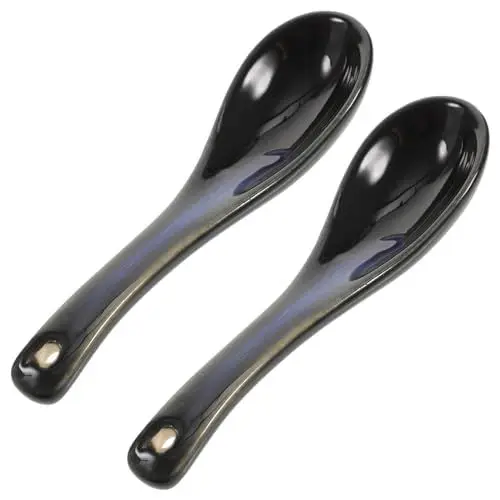 Produktbild: HOMSFOU 2st Matte Schwarze Suppe Schöpfen Koreanische Suppenlöffel Aus Keramik Suppenlöffel Aus Keramik, Asiatisch Keramik Reis Löffel Keramik Dessert Löffel Chinesischer Stil Porzellan