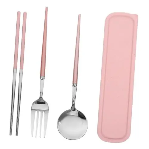 Produktbild: HOMSFOU 3-Teiliges Geschirrset Aus Edelstahl 304 Utensilienset Aus Edelstahl Outdoor-Campingbesteck Besteck Ohne Tragbare Essstäbchen Besteck Aus Edelstahl Picknick-Essen Steak