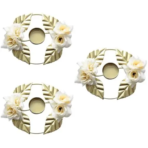 Produktbild: HOMSFOU 3 Stück Hochzeits-Kerzenständer Kerzenhalter Adventskerzenring Mittelstücke Für Burgunderfarbene Blumen Centro De Mesa Floraler Reifen Goldfarbenes Metall