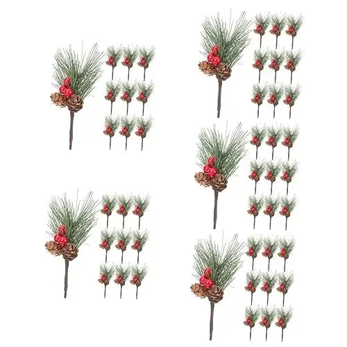 Produktbild: HOMSFOU 50 Stück Weihnachtsdekoration Rote Früchte Künstliche Beerensträucher Künstliche Beerenpflücker Stechpalmenstiele Holly Berry Blätter Stängel Eisen Pflanze Künstliche