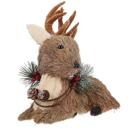 Produktbild: HOMSFOU Rentier Weihnachtsdekoration Sisal-Rentier-Weihnachtsdekoration Weihnachts-Hirschfigur Rustikale Urlaubsdekoration Sitzende Waldtierfiguren Rentiergartenstatuen