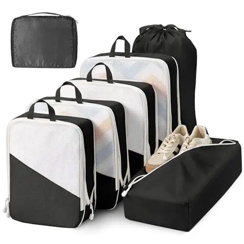 Produktbild: Homsorout 7-teilig Kompression Packing Cubes, Kompressionsbeutel Reise für Reisen,Kompressions Packwürfel Erweiterbar Travel Cubes, Travel Essentials für Koffer. (Schwarz)